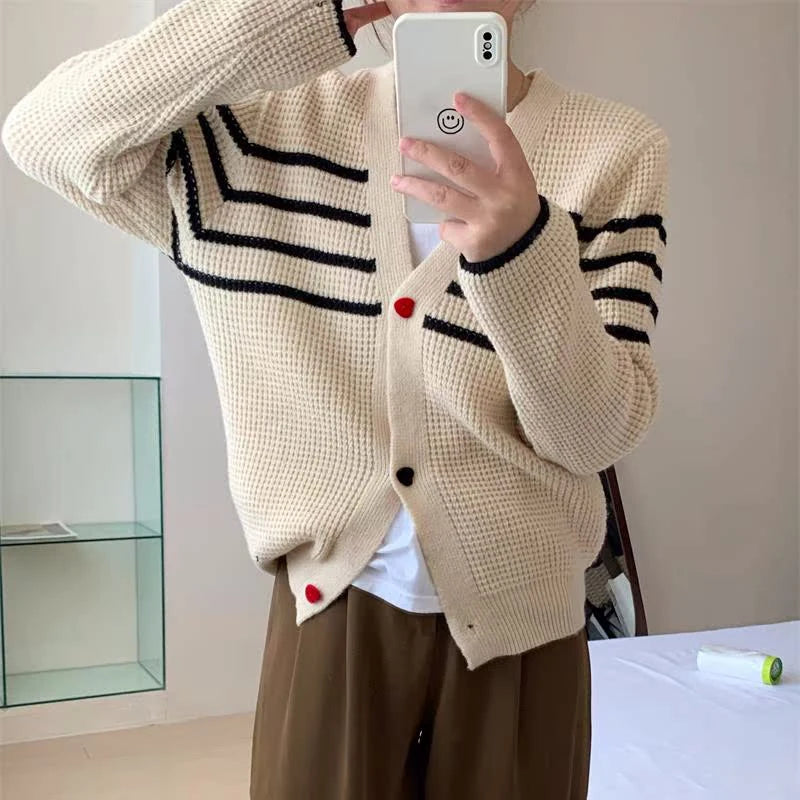 Hnewly  Striped Knit Cardigan Sweater with Heart-shape Button Front V-Neck Sweater Jacket Female Autumn Winter French Chic Cute Outfit