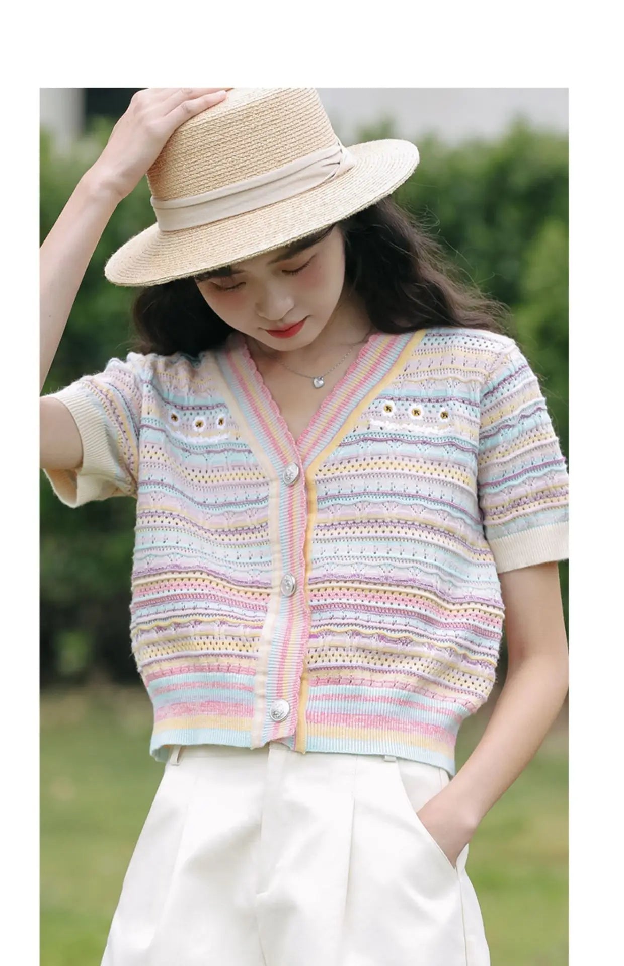 Hnewly Rainbow Striped Knitted Sweater For Women's 2025 Summer New  Thin Short Sleeved V-neck Hollow Out Holiday Sun Protection Top