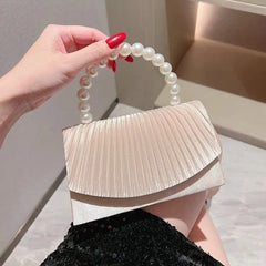 Hnewly  Beige Pleated Handbag Women Pearl Handle Flap Shoulder Bag Ladies Elegant Fashion Banquet Desiqner Luxury Crossbody Bag New