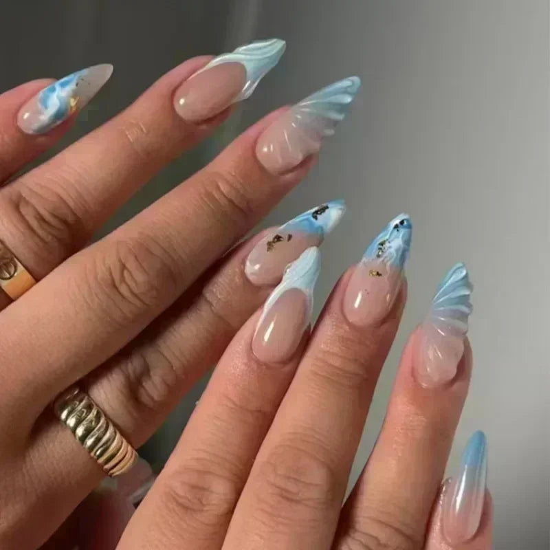 Hnewly 24pcs Detachable Flower Almond bowknot French False Nails Stars Love Glitter Design Press on Nails Fake Nials DIY Manicure Nails