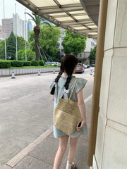 Hnewly  Woman Dress Vintage Sweet Lace Patchwork Ruffled Collar Flying Short Sleeve Sweet Fashion Mini Dresses Casual Female
