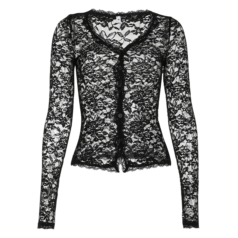 Hnewly Sexy Black Lace Crop Top Solid Transparent Button-up T-shirt Smock Women Full Sleeve V-neck Club Tees Shirts Y2k Vintage