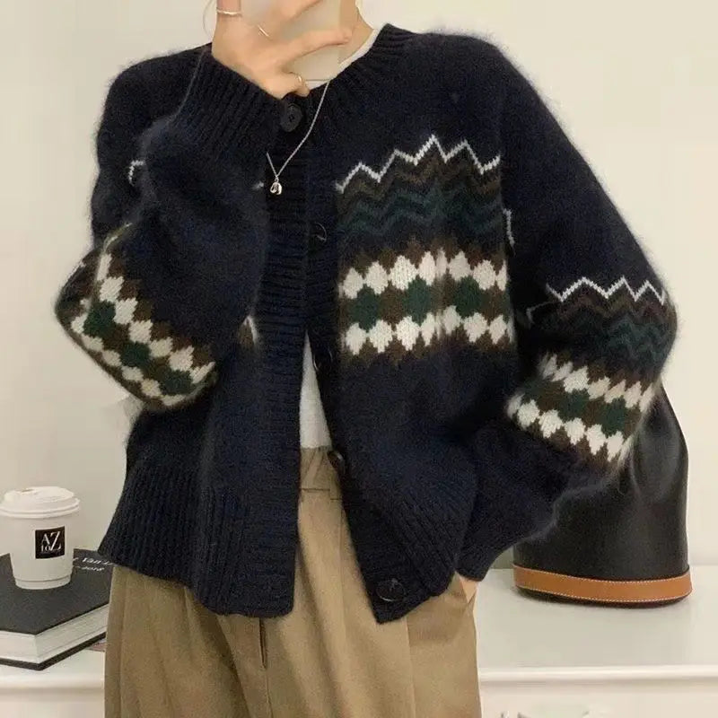 Hnewly Vintage Knitted Cardigan Women Preppy Style Y2k Fashion Sweater Harajuku Autumn Winter Casual Cardigan Tops Streetwear