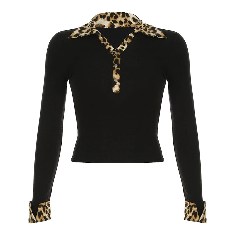 Hnewly y2k Tops Women Fairycore Clothes Sexy Leopard Print Lapel Collar Long Sleeve T Shirts 2000s Grunge Clothing Streetwear
