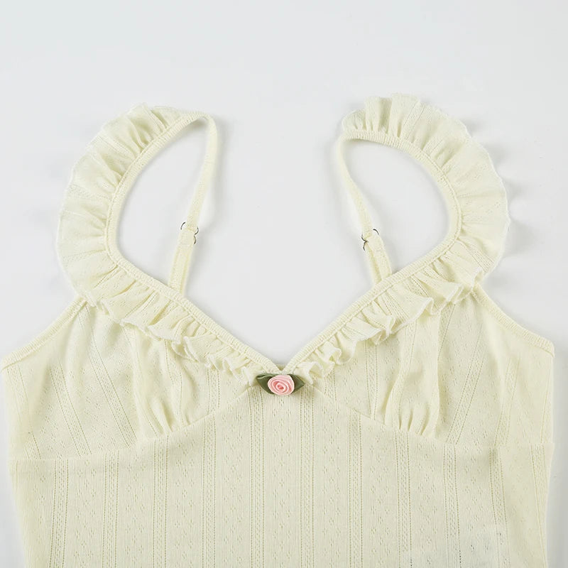 Hnewly Cute Coquette Ruffles V-neck Crop Top Women Casual Hollow Out Holes Sexy Tees Y2k Aesthetic Vest Summer Holiday Clothing