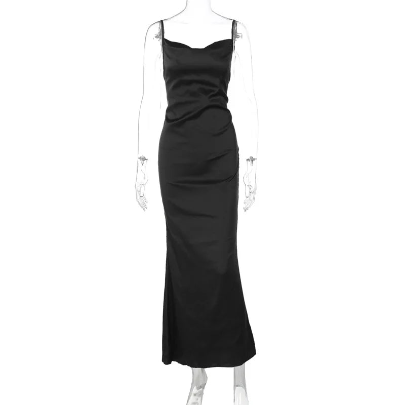 Hnewly wedding guest outfit Cross Bandage Long Satin Dress Women Spaghetti Strap Backless Maxi Dress Summer Elegant Party Dresses