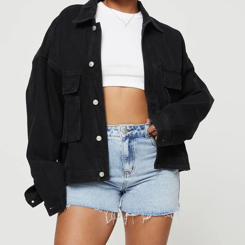 Hnewly Denim Jacket Women y2k Clothes Solid Color Turn-down Collar Single Breasted Long Sleeve Jeans Coat 2000s Streetwear