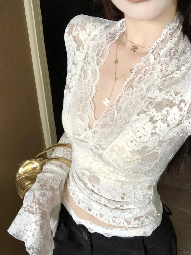 Hnewly  Women Y2K Fashion Casual Sexy V-Neck Flare Long Sleeve Sheer T-Shirts Lace Slim Tshirt Pullovers Acubi Tops Tees 2000s Clothes