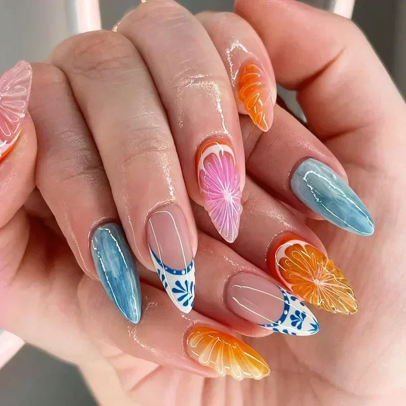 Hnewly 24Pcs Almond False Nails Cute Strawberries with French Design Simple White Wearable Fake Nails Decoration Press on Nail Tips Art