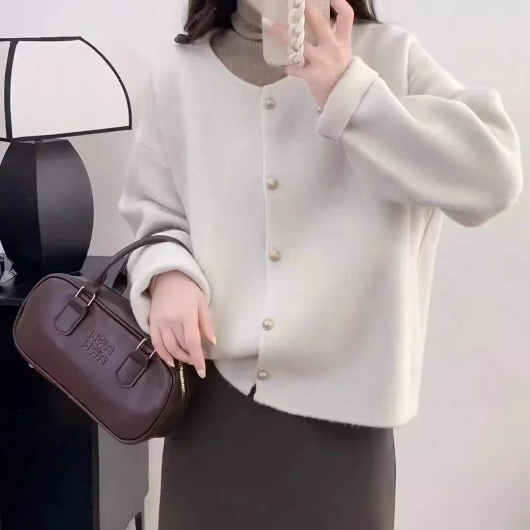 Hnewly  Women Sweater Cardigan Polished Gold Button Up Soft Knitted Long Sleeve Sweater Jacket Top Fall Winter Korean Ladies Chic Outfit