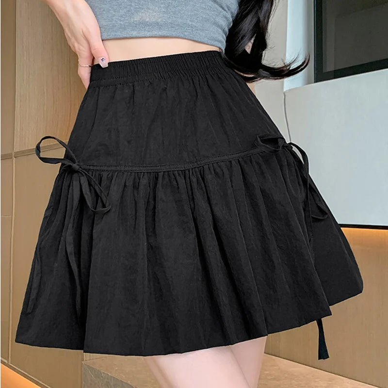 Hnewly  Sweet Bow Knot A-Line Short Skirt for Women Summer Thin Style High Waist Mini Skirt Woman Y2K Solid Color Fold Cake Skirt Female