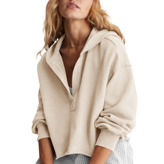 Hnewly  Classic Fashion Solid Color V-Neck Long Sleeved Loose Pullover  Hooded Basic Casual And Versatile Short Sweatshirt Top For Girl