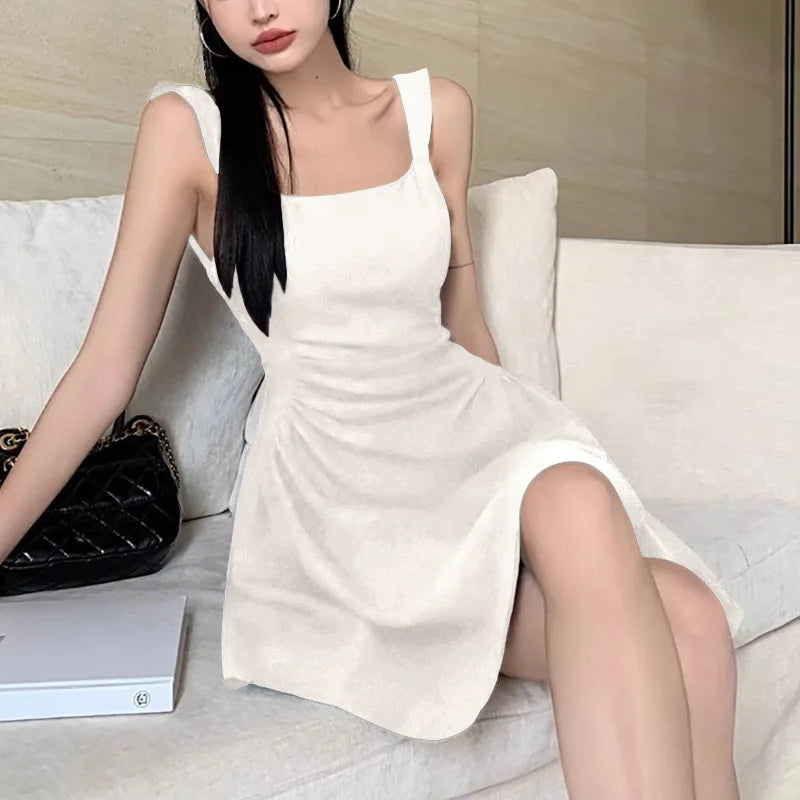 Hnewly  Elegant Black Dress Vest Style Women's Summer New Hepburn Waist Cinching Slimming High Waist A-Line Skirt Cotton Blend Dress
