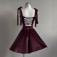 Hnewly  Fashion Women Sexy Burgundy Mini Dress Square Neck Tie Shoulder Ruffle A-Line Short Party Elegant Backless Evening Dresses