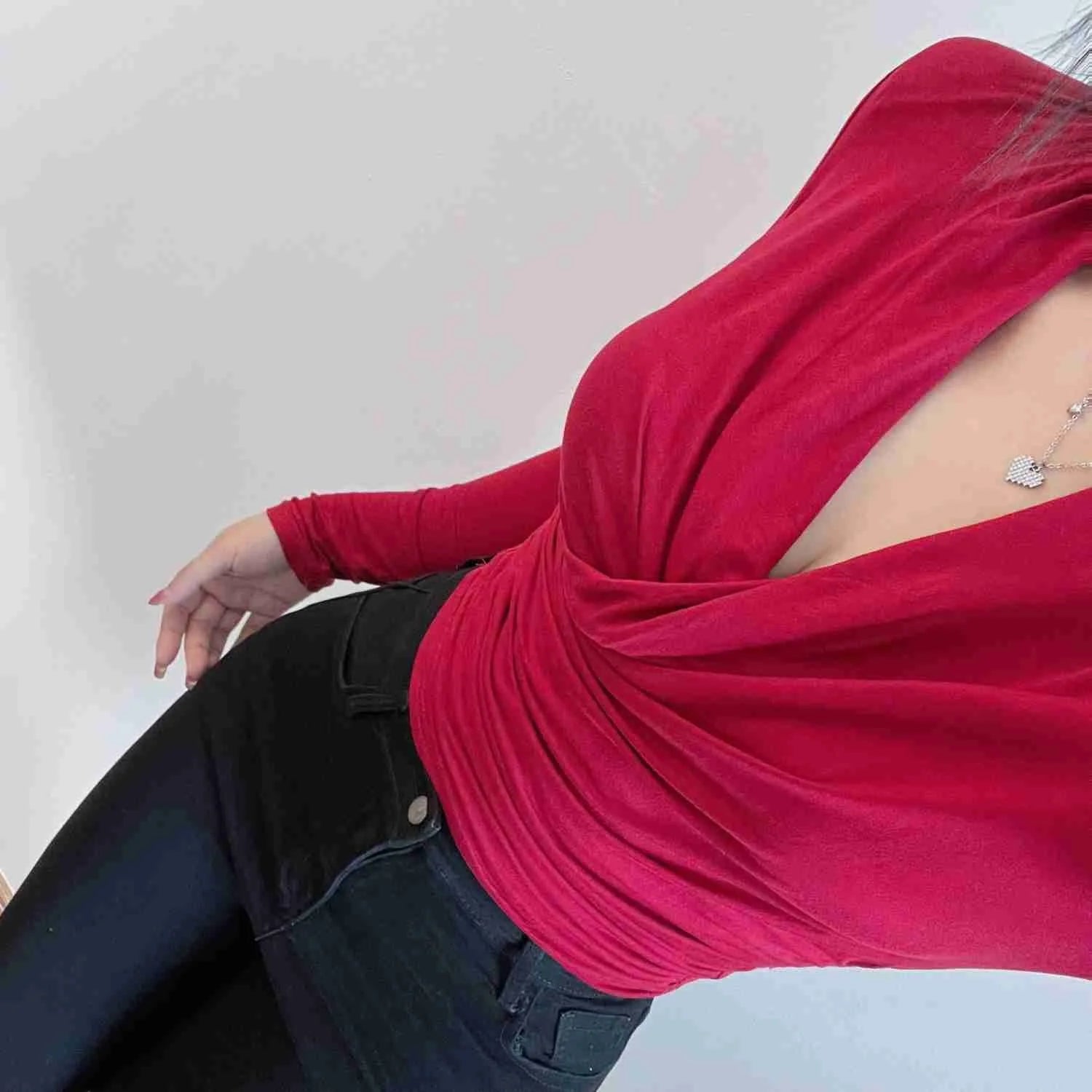 Hnewly V-neck WOMENGAGA Thin Long Sleeve Wine Red Cross Short Top Autumn Slim High Waist Sexy Base T Shirt Undershirts tees Women W9SJ