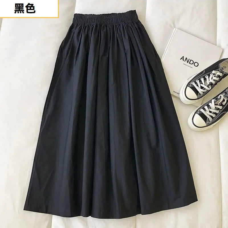 Hnewly  Women Black skirt midi High waist korean style Pleated a line Vintage Clothing new Summer Casual Fashion Ladies Work Wear