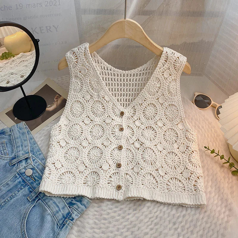 Hnewly Women Summer Hollow Out Knit Vest French Style V-Neck Sleeveless Hooked Flower Sweater 2023 New All-Match Outwear Short Top