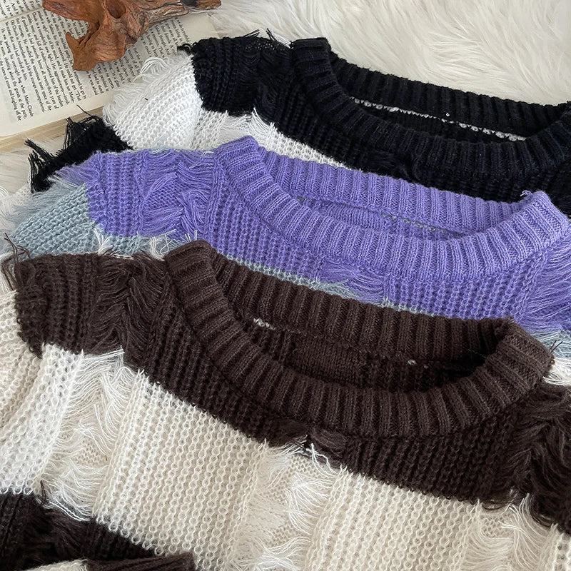 Hnewly  Loose Stripe Hole Knitted Sweater Women's 2025 Autumn Winter New Retro Japanese Short Pullover Tassel Versatile Tops