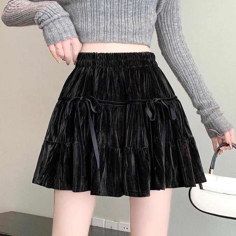 Hnewly Casual A Line Mini Kawaii Skirt Women Clothing High Waist Bow Black Faldas Largas Korean Style Harajuku Pleated Velvet Skirts