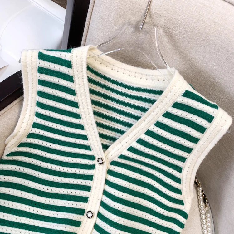 Hnewly  Spring V-Neck Striped Knitted Vest Korean Hollow Out Sleeveless Top Women's 2023 Autumn Loose All-Matched Outwear Cardigan Tank