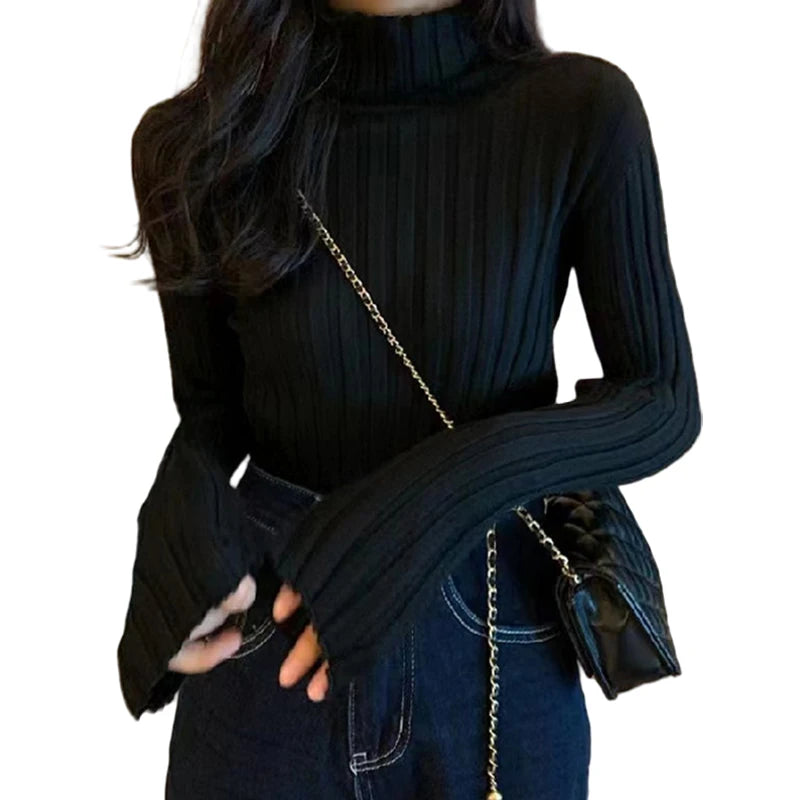 Hnewly Ribbed Sweater Women Clothes Solid Color Turtleneck Lettuce Trim Long Sleeve Pullover Winter Fall Clothing Streetwear