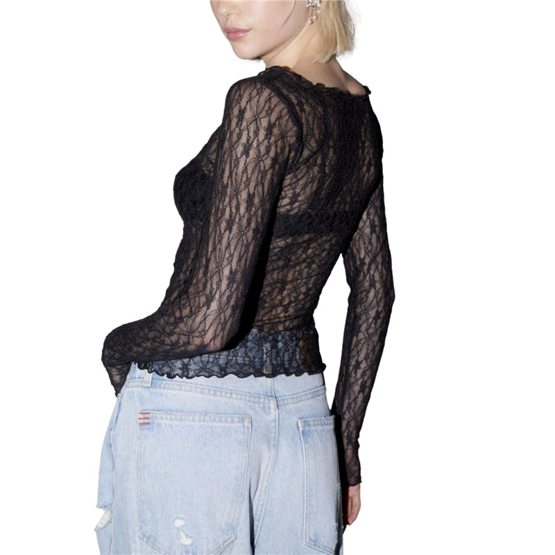 Hnewly Lace Tops for Women y2k Clothes Sheer See Through Round Neck Long Sleeve Ruched T Shirt 2000s Clothing Party Clubwear