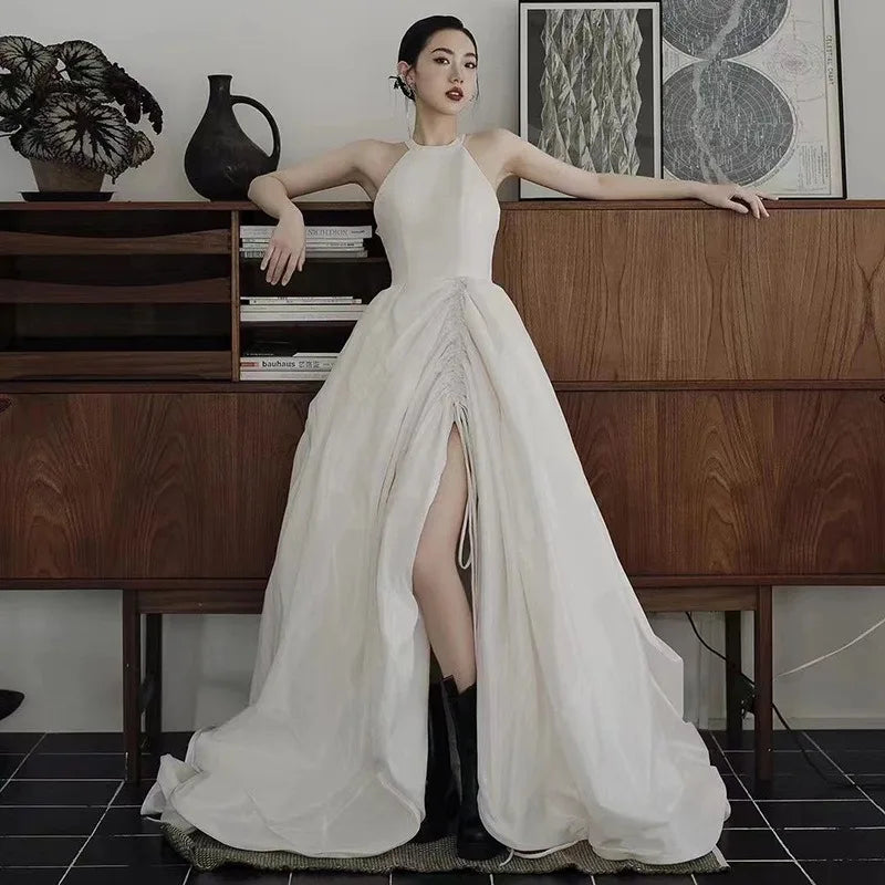 Hnewly  Women's New Satin Hanging Neck Light Wedding Dress, Bridal Evening Dress, Fashionable and Slim, Simple White Split Dress