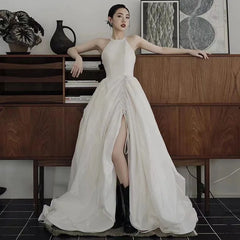 Hnewly  Women's New Satin Hanging Neck Light Wedding Dress, Bridal Evening Dress, Fashionable and Slim, Simple White Split Dress
