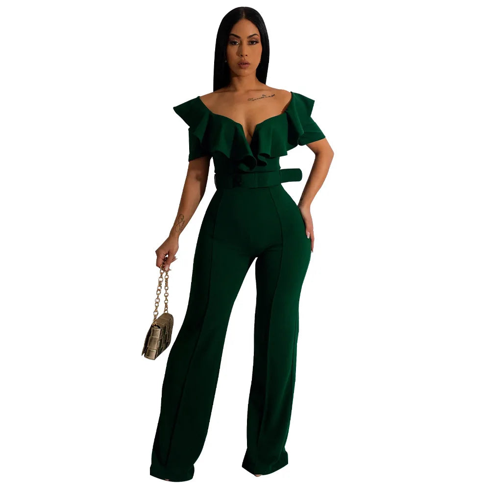 Hnewly Sexy Women Solid Color V Neck Flounce Girdling One-piece Long Sleeve Elegant Wide-Leg Jumpsuits Party Overalls