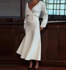 Hnewly  Autumn New Women's Long - Sleeve Deep V - Neck Solid Color Two - Piece Set Buttoned Top with Midi Skirt