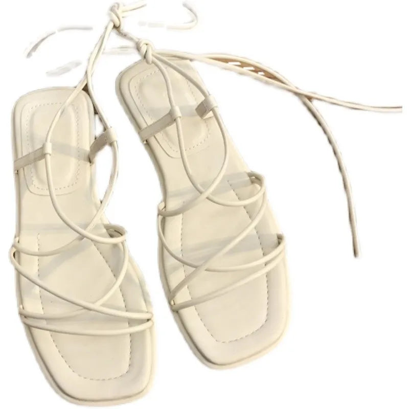 Hnewly Summer Slippers Women Sandals Narrow Vintage Square Toe Flat Cross Strap Thong Sandals V Shape Design Shoes Women Plus Size43