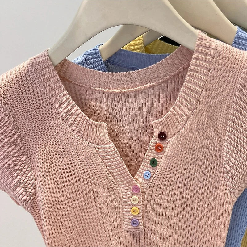 Hnewly  Summer V-Neck Short Sleeve Thin Tshirts Women Pastel Colored Button Knitted T-Shirts Teen-girl Stretch Fitted Tees Y2K Clothing