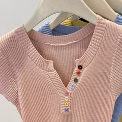 Hnewly  Summer V-Neck Short Sleeve Thin Tshirts Women Pastel Colored Button Knitted T-Shirts Teen-girl Stretch Fitted Tees Y2K Clothing