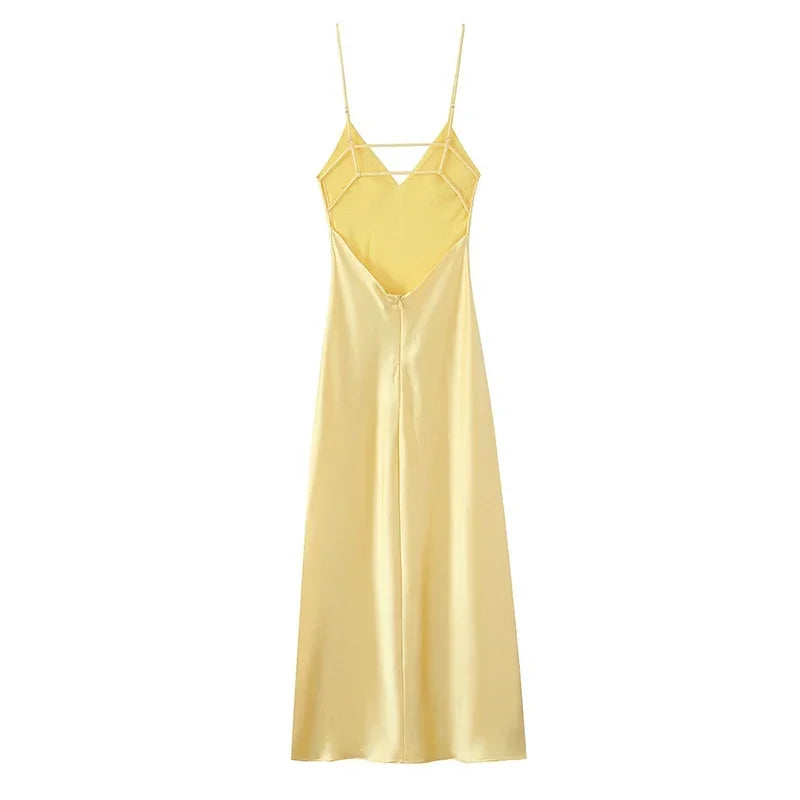 Hnewly Fashion Solid Stain Sling Maxi Vestido Chic Sleeveless Backless V Neck Off Shoulder Slim Dress 2025 New Summer Lady Evening Wear