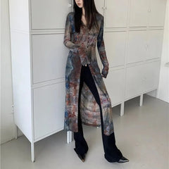 Hnewly  American Retro Printing Gauze Lolita Summer New Patchwork V-neck Button Fashion Slim All-match Long Sleeved Chiffon Jacket