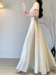 Hnewly  Spring and Summer Temperament French New Style Waist Pleated Solid Color Casual and Elegant Versatile Dress the dress black dress white dress