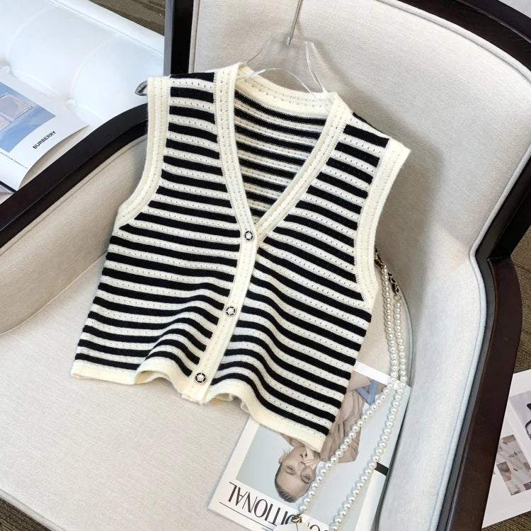 Hnewly  Spring V-Neck Striped Knitted Vest Korean Hollow Out Sleeveless Top Women's 2023 Autumn Loose All-Matched Outwear Cardigan Tank
