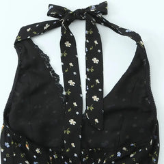 Lunivop  Sexy Black Floral Print Spliced Lace Bow Halter V Collar Backless Mini Dress Women Elastic Zipper Back A-line Short Robe Holiday