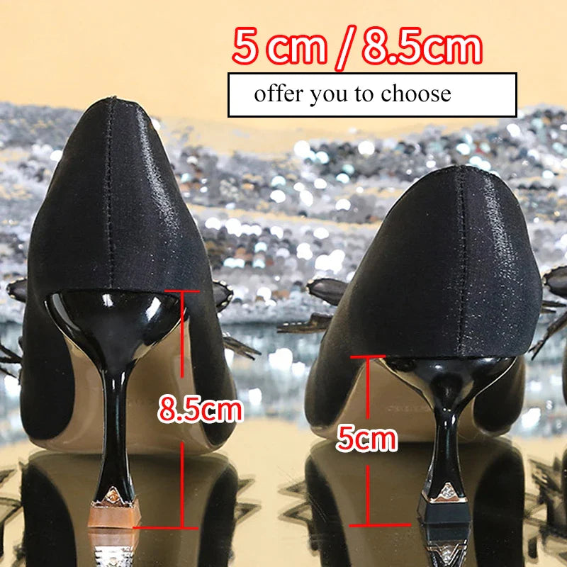 Hnewly Rhinestone Bowtie Pointed Toe Women's Pumps New Spring Satin Bridal Wedding Shoes Shallow Woman Pumps Stiletto Red
