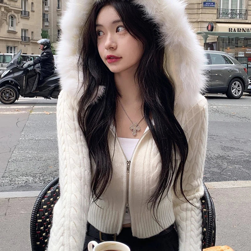 Hnewly trashy outfits Beige Furry Trim Hooded Cropped Sweater Cardigan Women Long Sleeve Zipper Outerwear Autumn Winter Coat Coquette Korean