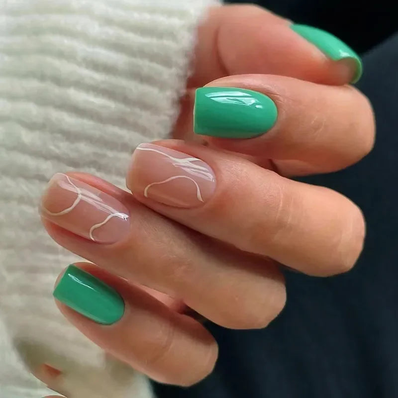 Hnewly 24Pcs Press On Nails Simple French Colorful Wavy Abstract Line Fake Nails Full Cover Nail Art Tips Coffin Square Head False Nail