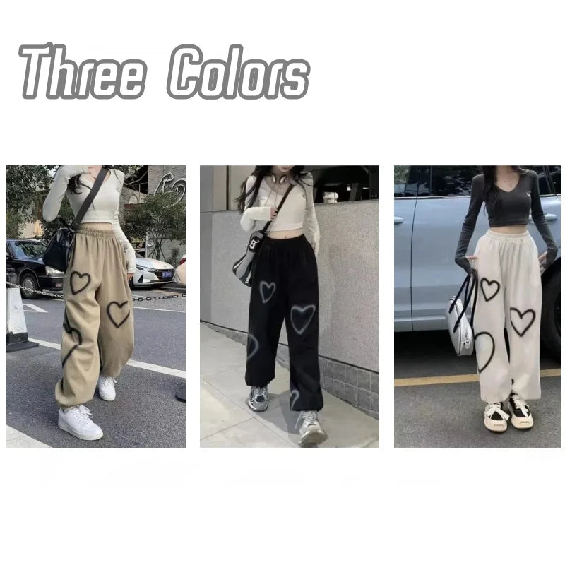 Hnewly White Heart Leggings Sports Pants for Women Autumn New Loose Bf Lazy Casual Pants Simple Sport Pants