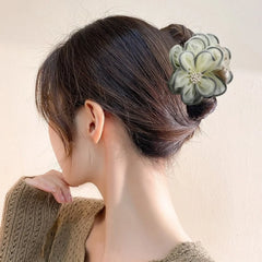 Hnewly  1Pc Elegant Mesh Flower Hair Claw With Faux Pearls Large Clutcher Hair Clip Vintage Sweet Hair Accessory For Women Daily Wear