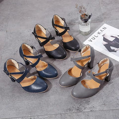 Hnewly  Women High Heels Shoes  Autumn New Round Toe Chunky Heel Casual Platform Women's Shoes Female Belt Buckle