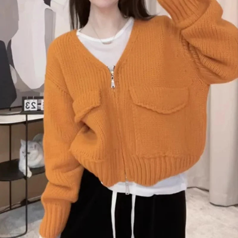 Hnewly  Women's Zip Up Knit Cardigan with Pocket V-neck Zipper Front Crop Sweater Jacket Female Teen-girl Autumn Winter Y2K Outfit