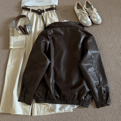 Hnewly  Retro Chic pu Leather Jacket Women's 2025 Spring Autumn Fashion Lapel Versatile Windproof Sweet&Cool BF Style Female Outerwear