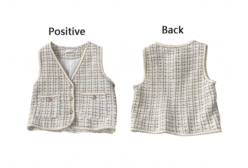 Hnewly  Women New Autumn Tweed Elegant Vintag Vest V-neck Sleeveless Slim Pockets Waistcoat Ladies Fashion Womens Short Small Vest