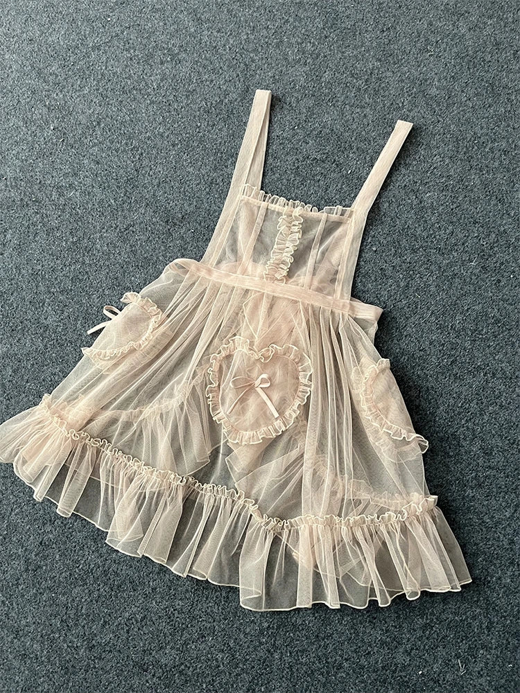 Hnewly  Elegant Love Ruffles Mesh Apron Cover Skirt Japanese Wind Lolita Jsk Clothing Women Sleeveless Suspenders Dress