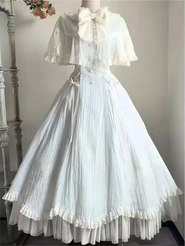 Hnewly  Summer New Sweet Lace Cape Patchwork Dress Design Elegant Bow Slim Thin Dresses Women  France Fashion Long Princess Dress