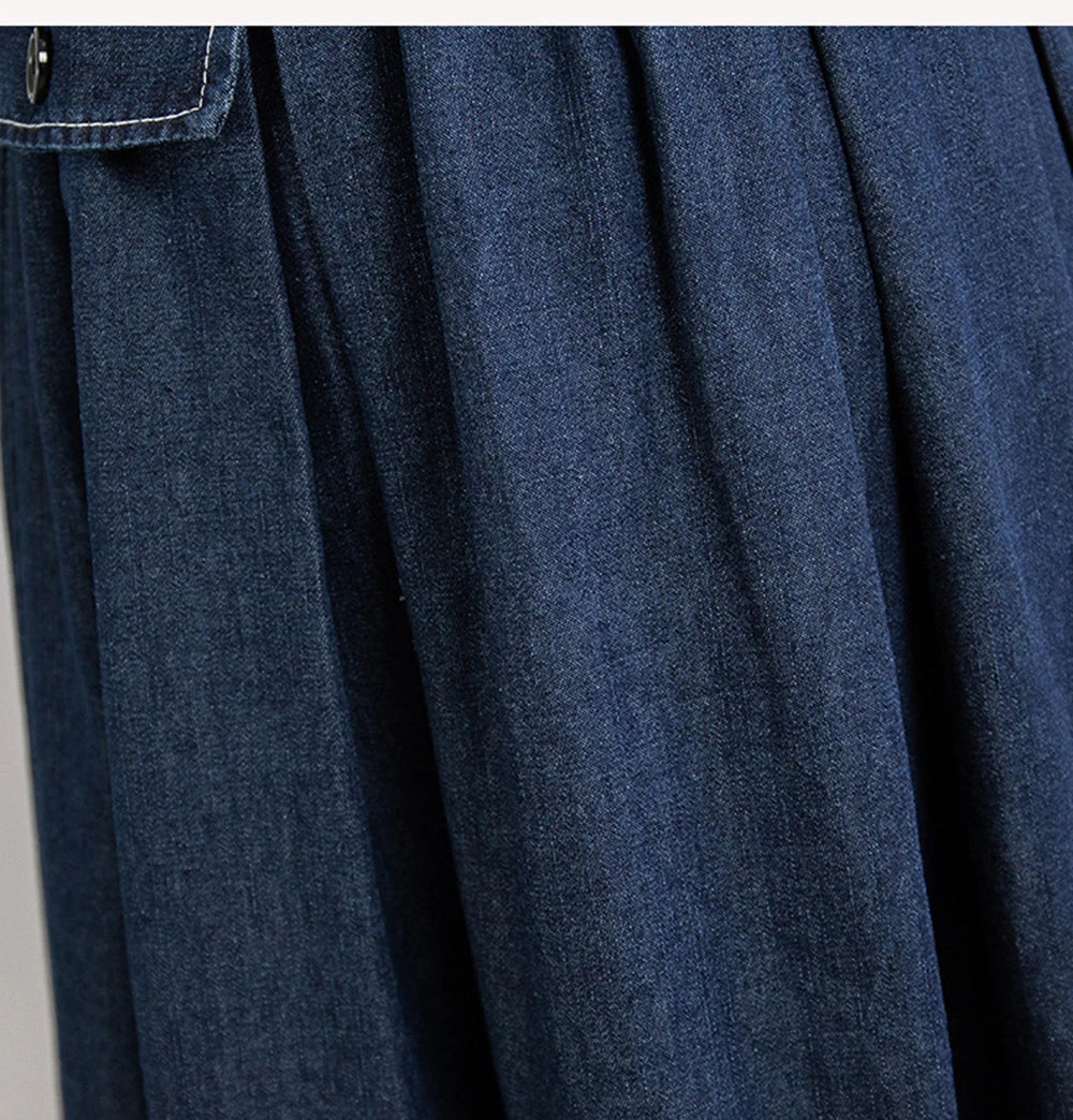 Hnewly M-5XL Oversize Denim Skirt Women's New Elastic High Waisted A-line Loose Fit Retro Knee-length Skirt with Built-in Safety Shorts